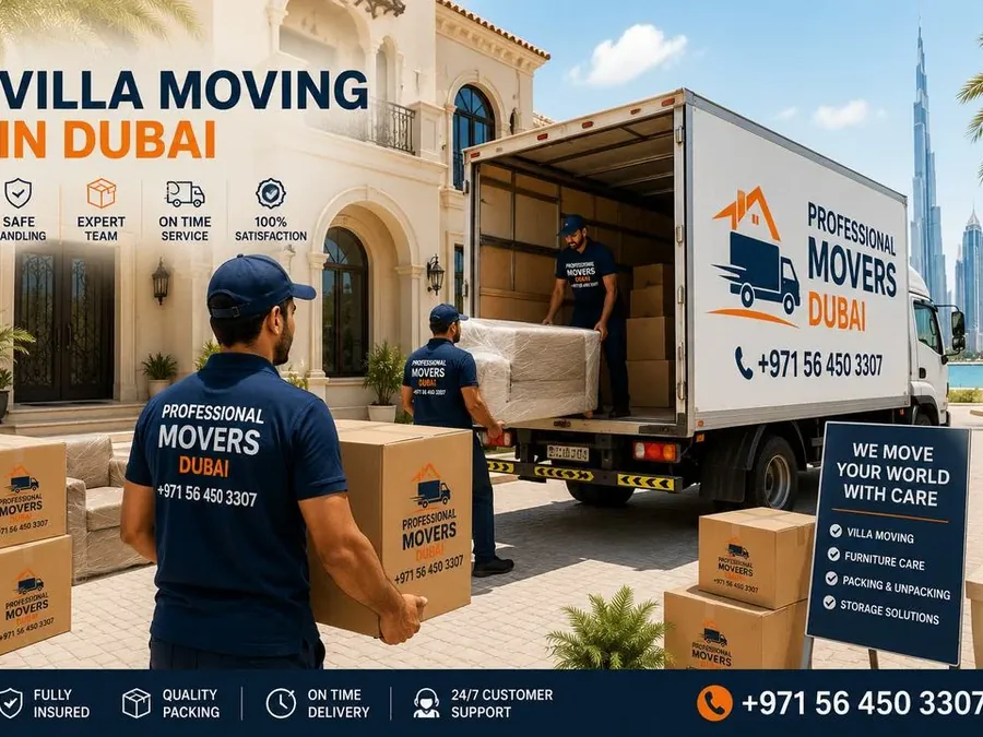 Professional Movers carrying wrapped furniture out of a Dubai villa