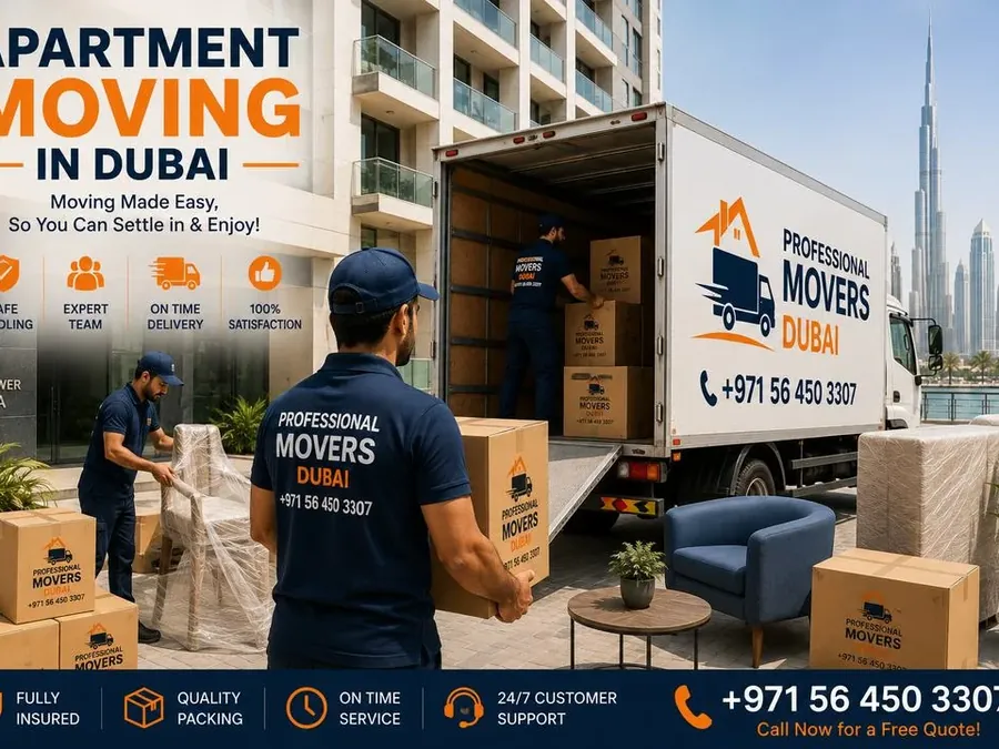 Professional Movers truck unloading at a Dubai apartment tower